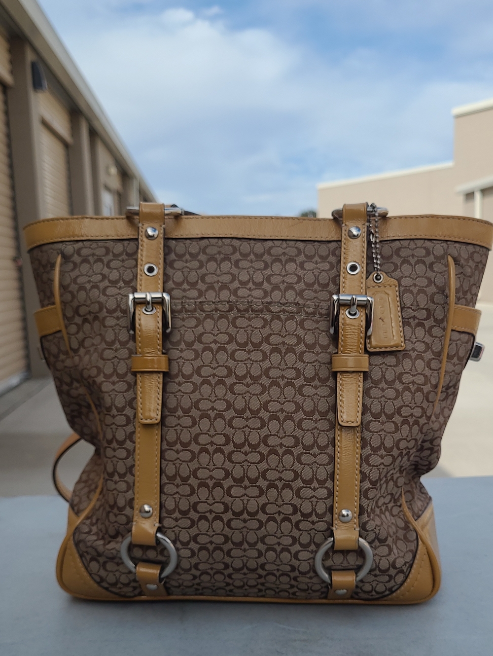 Coach Gallery BeigeOrange Signature Canvas and Patent Leather Shoulder Bag